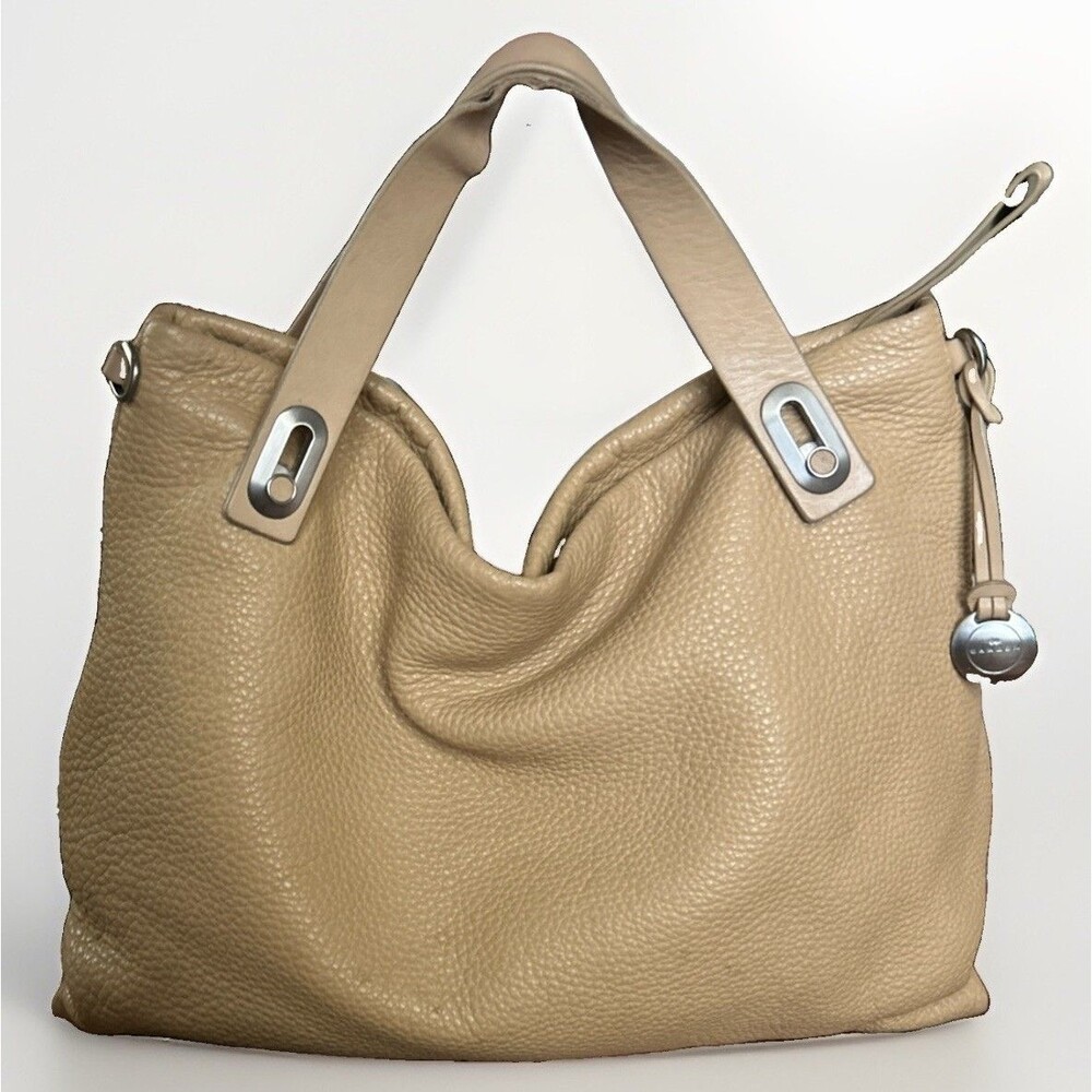 Skagen Mikkeline Satchel Camel Tan Silver Pebbled Leather Slouch Purse Bag